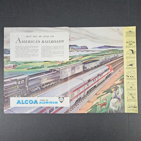 1945 Alcoa Aluminum America's Railroads Vintage Print Ad Train Stations Railways